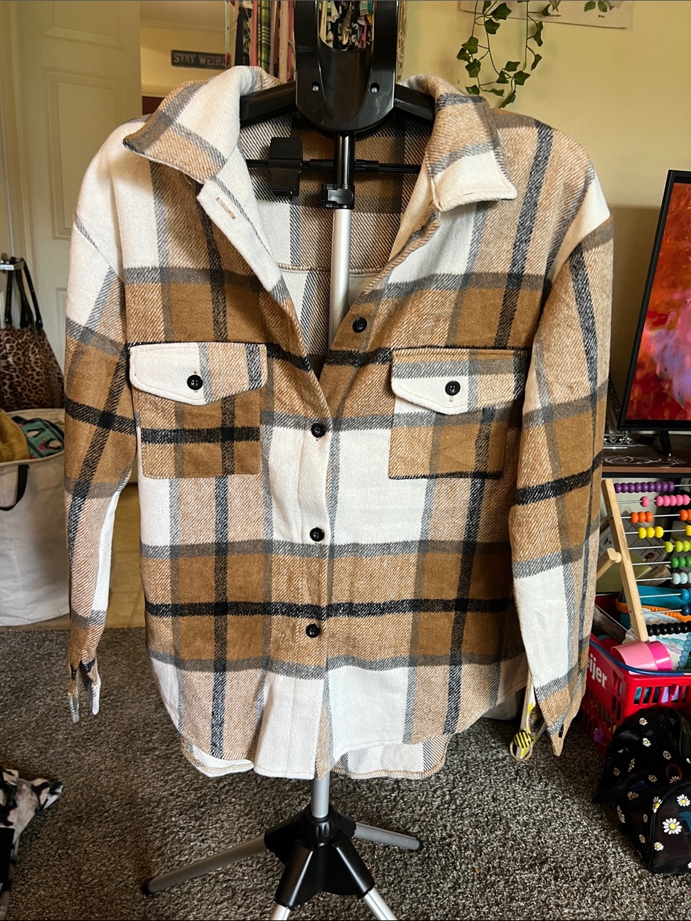 Plaid Utility Shacket Jacket in Tan & White